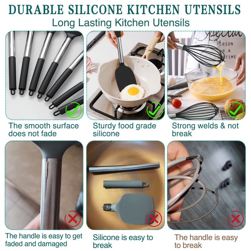 Umite Chef Stainless Steel Kitchen Cooking Utensil Set, Umite Chef 15 pcs Cooking Utensils - Nonstick Kitchen Utensils Cookware Set Spatula Set -Kitchen Gadgets Utensils Set, Kitchen Tools Gift (Gray) - Image 3